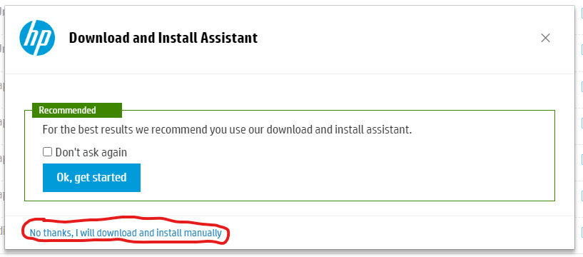 HP Support website dialog: Download and install assistant. Choose "No thanks, I will download and install manually"