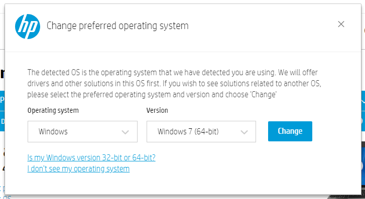 HP Support website dialog: Change preferred operating systems