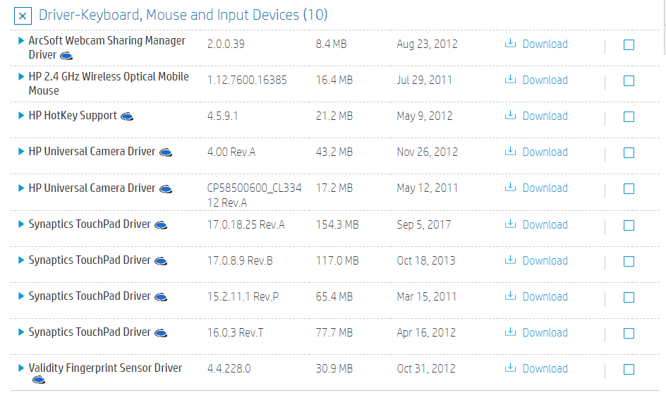 HP Support website's available drivers list